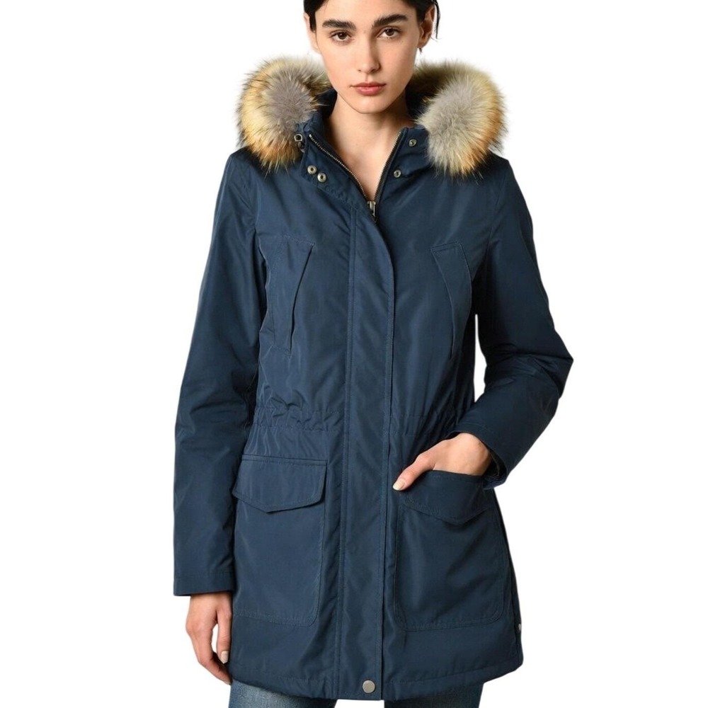 DKNY Jeans Womens Jacket Long Coat Size XS NAVY Removable Faux Fur Hoodie Parka‎